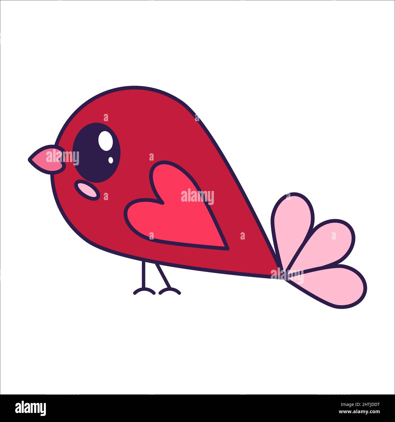 Kawaii San Valentín icono pájaro con corazón peluca. Símbolo de amor en el  moderno estilo de arte de línea pop. El lindo pájaro con corazón está en  rojo, rosa suave, y Imagen