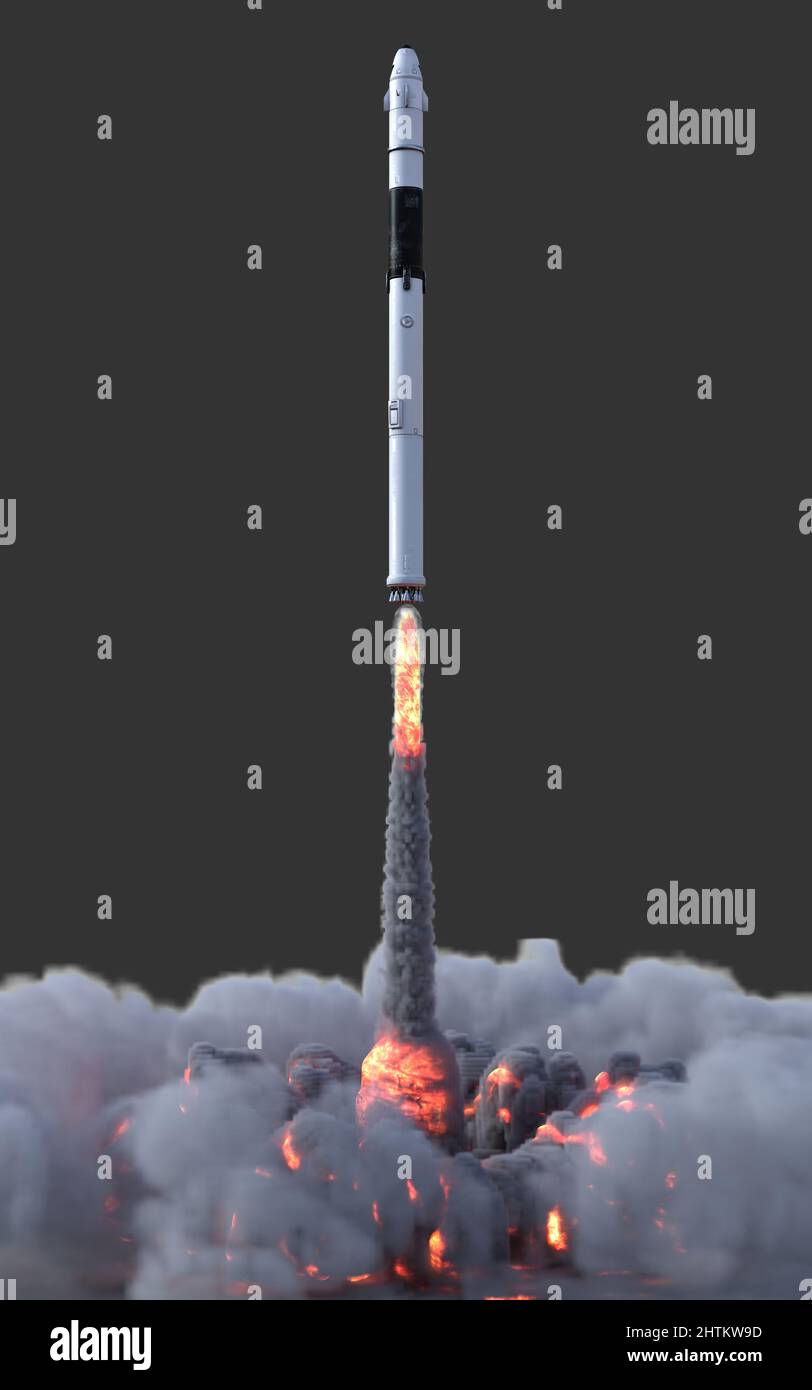 3D Ilustración El lanzamiento de Rocket despegue sobre fondo negro. Concepto de la guerra Rusia-Ucrania entre Rusia y Ucrania. Foto de stock