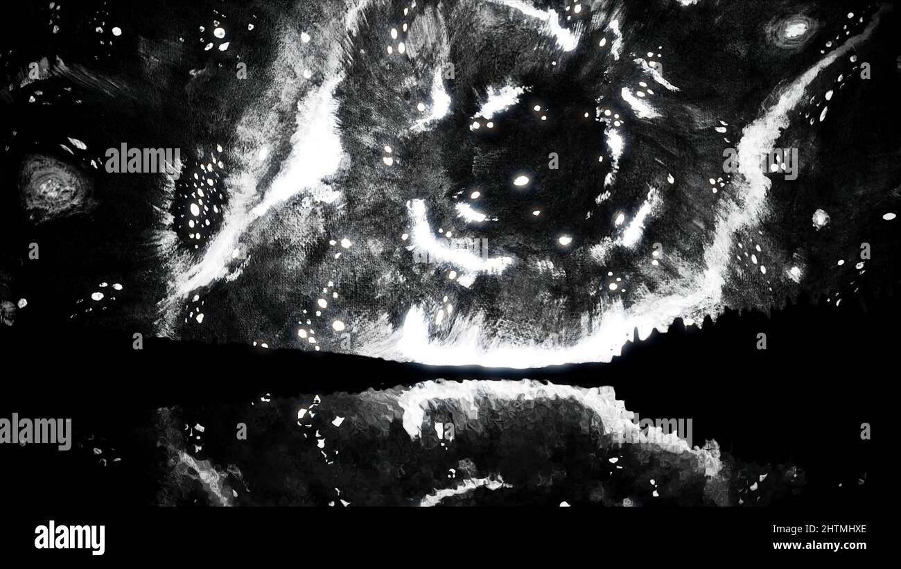muerte sistemático Íntimo Galaxia blanco-negro. Animación con efecto de pintura al óleo sobre lienzo.  Paisaje con silencios negros de colinas y lago con reflejo de noche  blanco-negro Fotografía de stock - Alamy