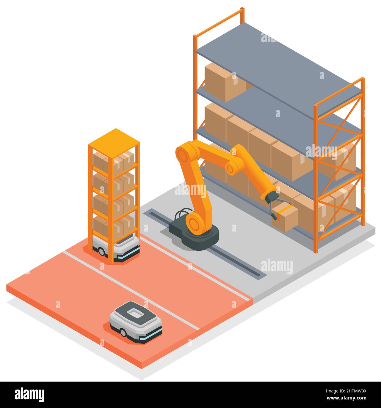 Concepto isométrico de almacén moderno El brazo robótico ordena y organiza  cajas desde la banda de producción hasta la ilustración del vector de  estante Imagen Vector de stock - Alamy