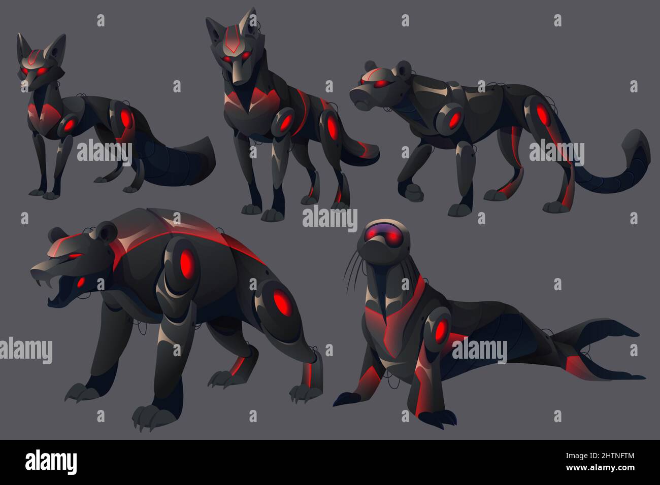 Dibujos animados malvado robots animales robótica monstruos. Cyborgs  cheetah o puma, zorro, lobo, oso rugido y sello con ojos rojos y cuerpo  mecánico negro. Máquinas de inteligencia artificial zoológico, Vector Set  Imagen