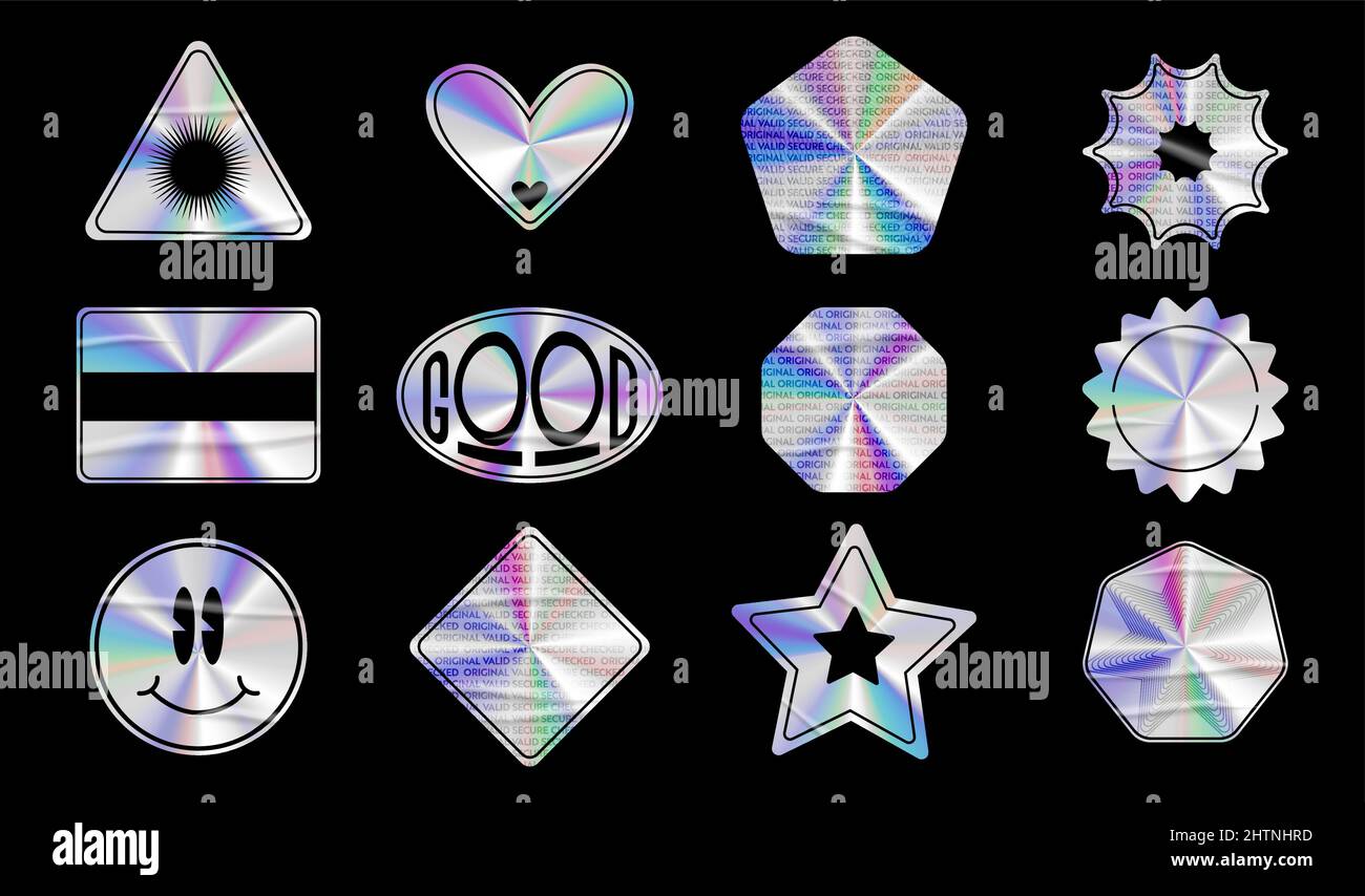 Pegatinas holográficas con juego de arrugas. Las formas geométricas se  etiquetan con holograma de arco iris. Elementos vectoriales para el diseño  moderno de tendencias Imagen Vector de stock - Alamy