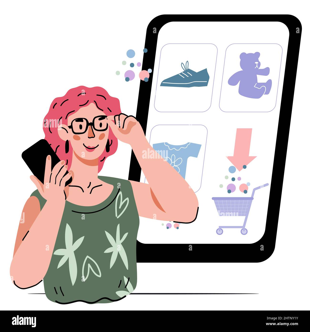 Compras en línea y comercio electrónico, ilustración de vectores de