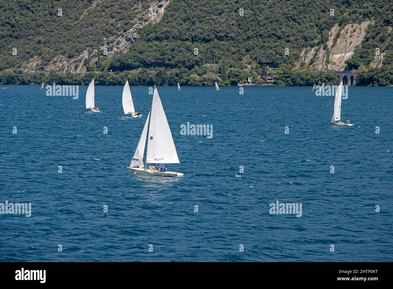 Muchos pequeños veleros navegan por el Lago di Garda en Italia Foto de stock