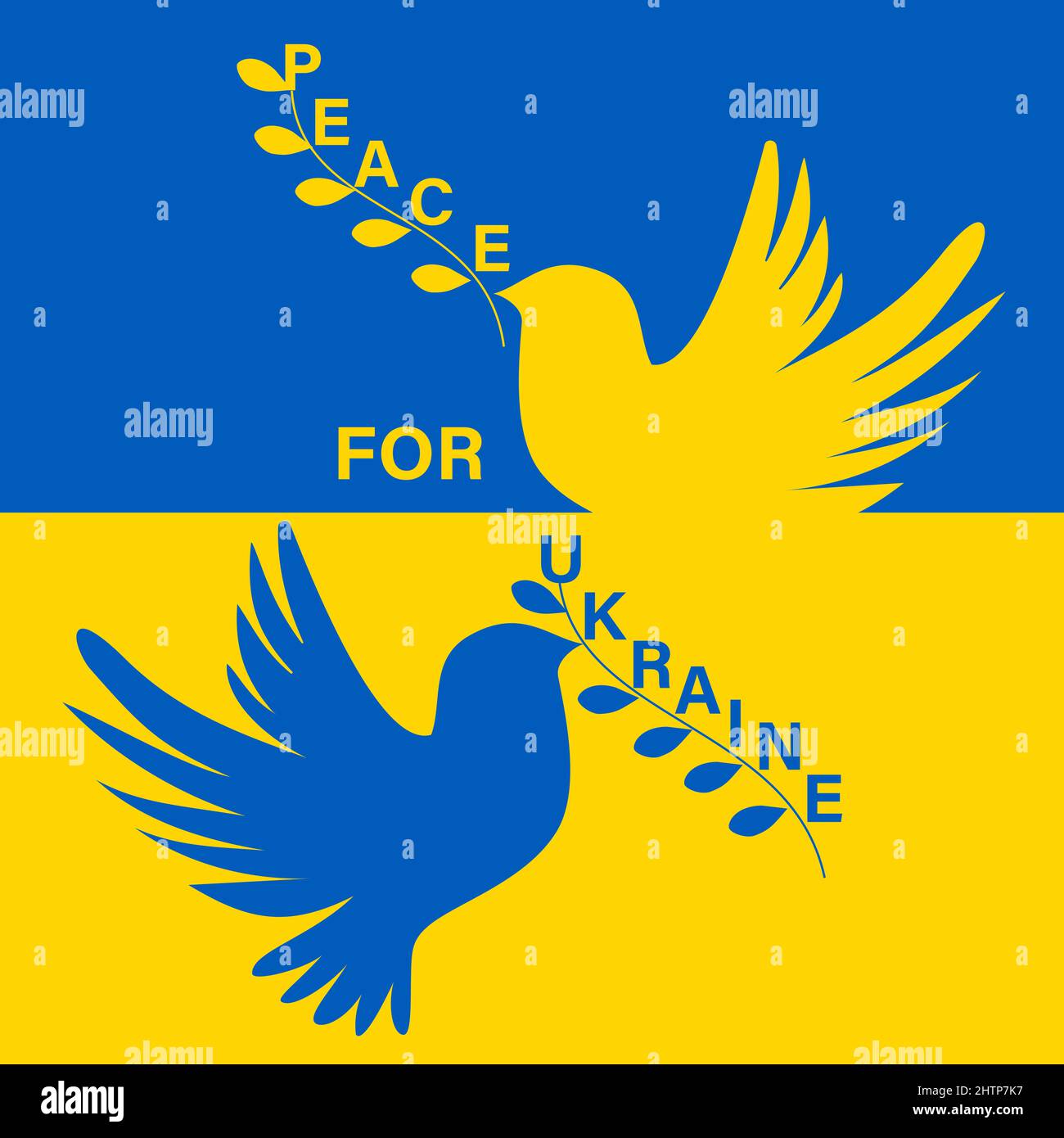 Paz para Ucrania. Ilustración vectorial con dos palomas orando la paz por Ucrania. Detener la guerra. Ilustración del Vector