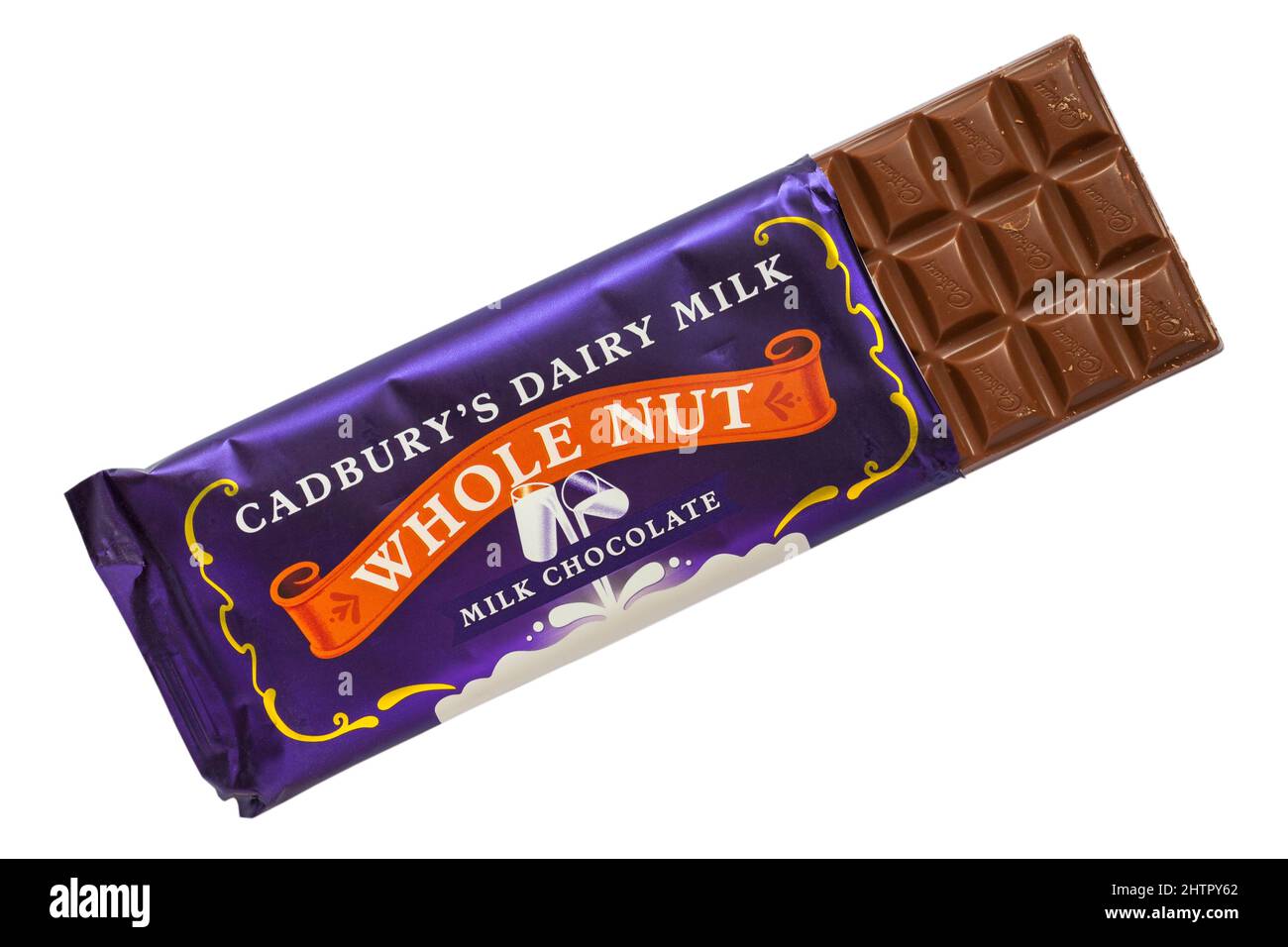 Bar de Cadbury's Dairy Milk Whole Nut bar de chocolate abierto para