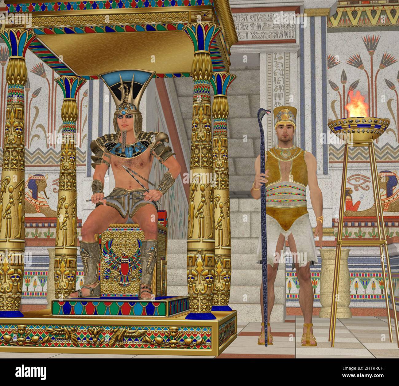 Un faraón egipcio se sienta en un trono en Egipto con un guardia a su lado para su protección. Foto de stock