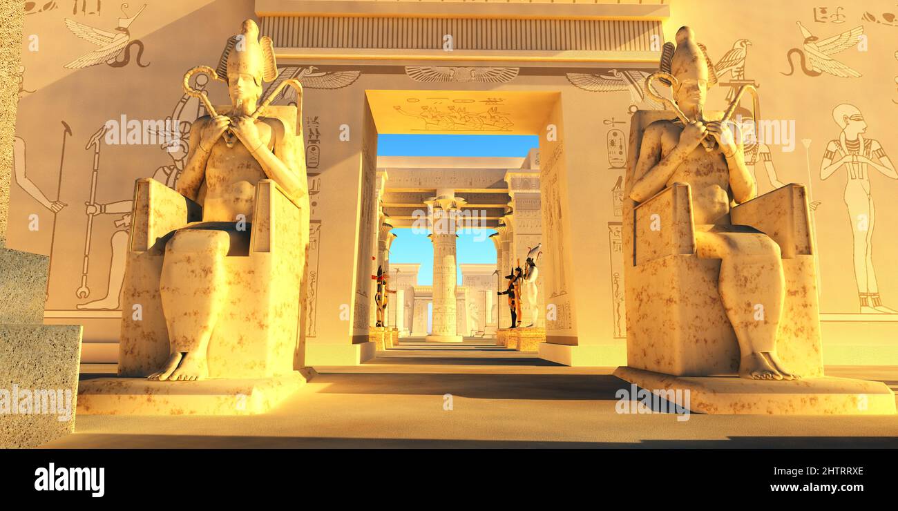 En la entrada del templo de Ramsés II en Egipto se encuentran inmensas estatuas. Foto de stock