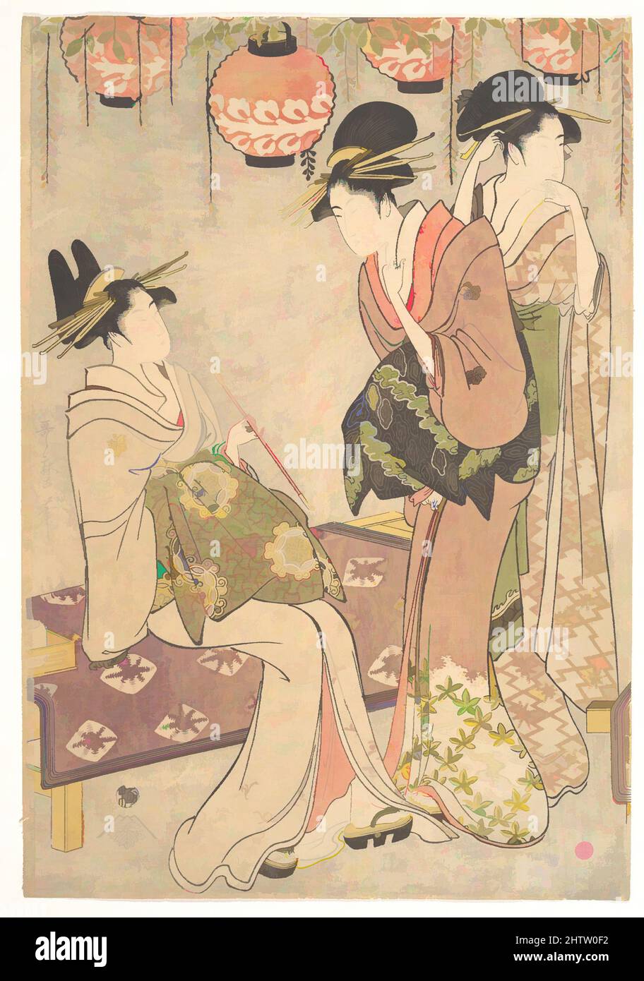 Arte inspirado por tres Courtesans, Edo Period (1615–1868), 1615–1806, Japón, estampado de bloques de madera policromada; tinta y color en papel, 14 5/8 x 10 1/8 pulg. (37,1 x 25,7 cm), Impresiones, Kitagawa Utamaro (Japonés, 1753?–1806, Obras clásicas modernizadas por Artótop con un toque de modernidad. Formas, color y valor, atractivo impacto visual en el arte Emociones a través de la libertad de las obras de arte de una manera contemporánea. Un mensaje atemporal que busca una nueva dirección totalmente creativa. Artistas que se están volviendo al medio digital y creando el Artotop NFT Foto de stock