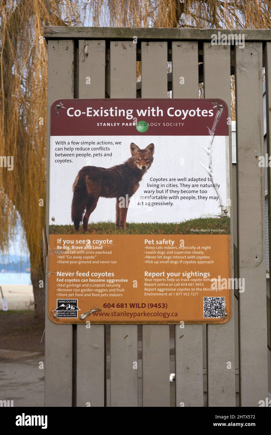Signo informativo sobre la coexistencia con coyotes en Jericho Beach Park, Vancouver, British Columbia, Canadá Foto de stock