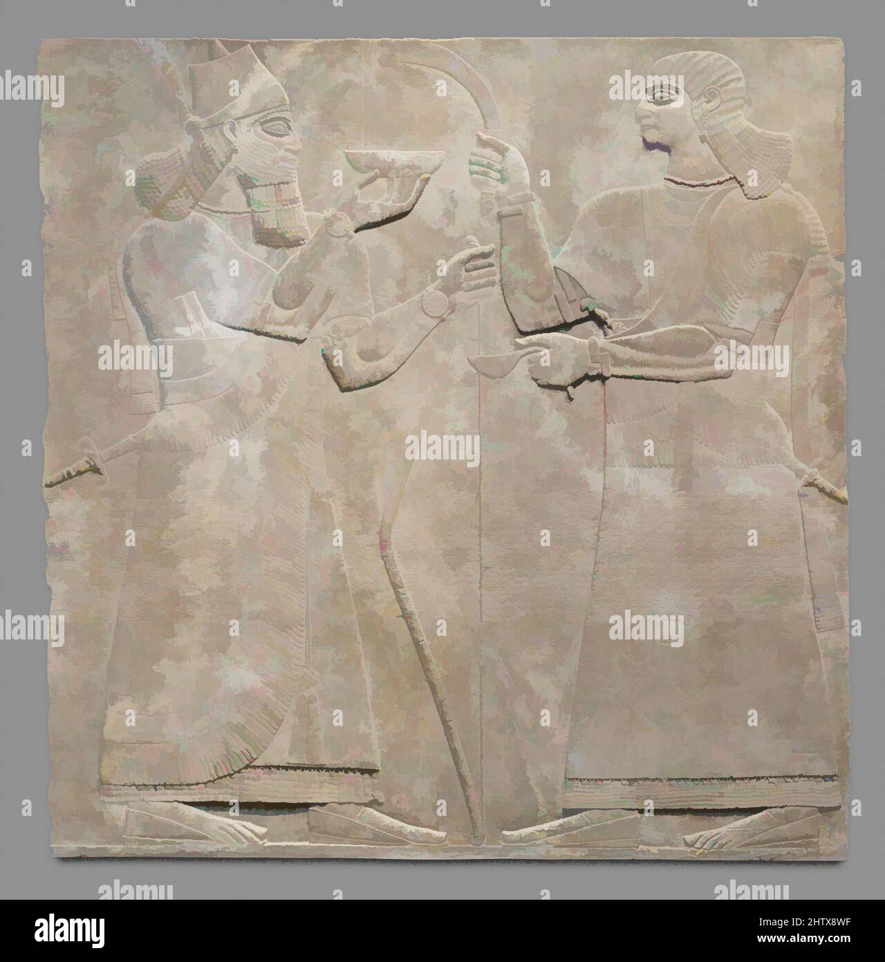 Arte inspirado en el panel de Relieve, Neo-Asiria, ca. 883–859 a.C., Mesopotamia, Nimrud (antiguo Kalhu), Asiria, Yeso alabastro, 92 1/4 x 92 x 4 1/2 pulg. (234,3 x 233,7 x 11,4 cm), Stone-relieves-inscriptos, las habitaciones del palacio en Nimrud fueron decoradas con grandes losas de piedra talladas en baja, obras clásicas modernizadas por Artotop con un toque de modernidad. Formas, color y valor, atractivo impacto visual en el arte Emociones a través de la libertad de las obras de arte de una manera contemporánea. Un mensaje atemporal que busca una nueva dirección totalmente creativa. Artistas que se están volviendo al medio digital y creando el Artotop NFT Foto de stock