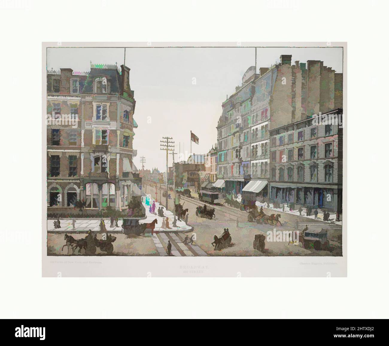 Broadway at 42nd Street, Nueva York, 1850-1900, Xilografía, Coloreado a mano, 11 x 8 1/2 in. (27,9 x 21,6 cm), imprime Foto de stock