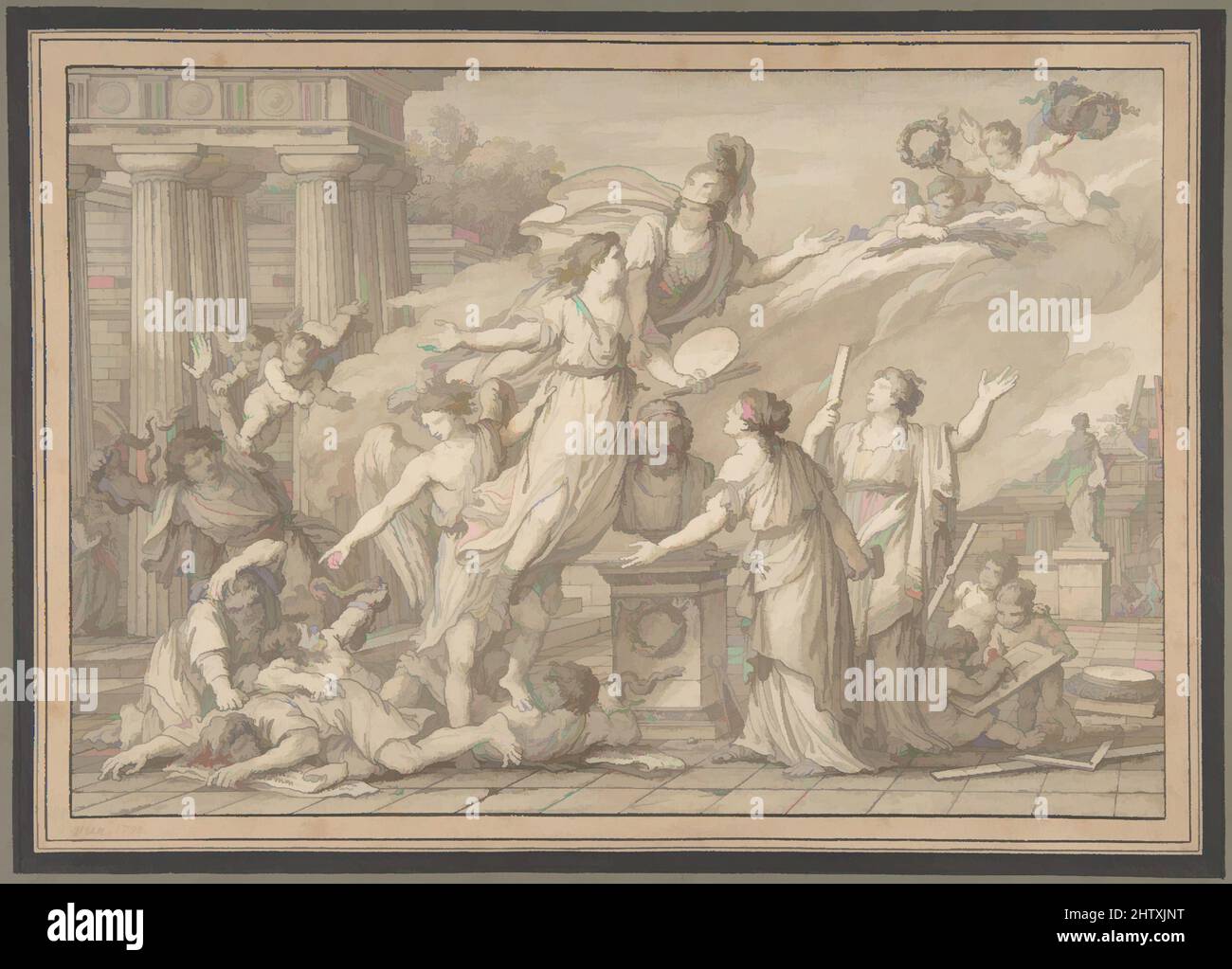 Arte inspirado en Allegory of the Arts, 1796, tinta negra y pluma, lavado de brocha y marrón, dibujo de tiza negra sobre suave, hoja: 9 5/8 x 14 1/8 pulg. (24,4 x 35,8 cm), Dibujos, Joseph Marie Vien (francés, Montpellier 1716–1809 París, Obras clásicas modernizadas por Artotop con un toque de modernidad. Formas, color y valor, atractivo impacto visual en el arte Emociones a través de la libertad de las obras de arte de una manera contemporánea. Un mensaje atemporal que busca una nueva dirección totalmente creativa. Artistas que se están volviendo al medio digital y creando el Artotop NFT Foto de stock