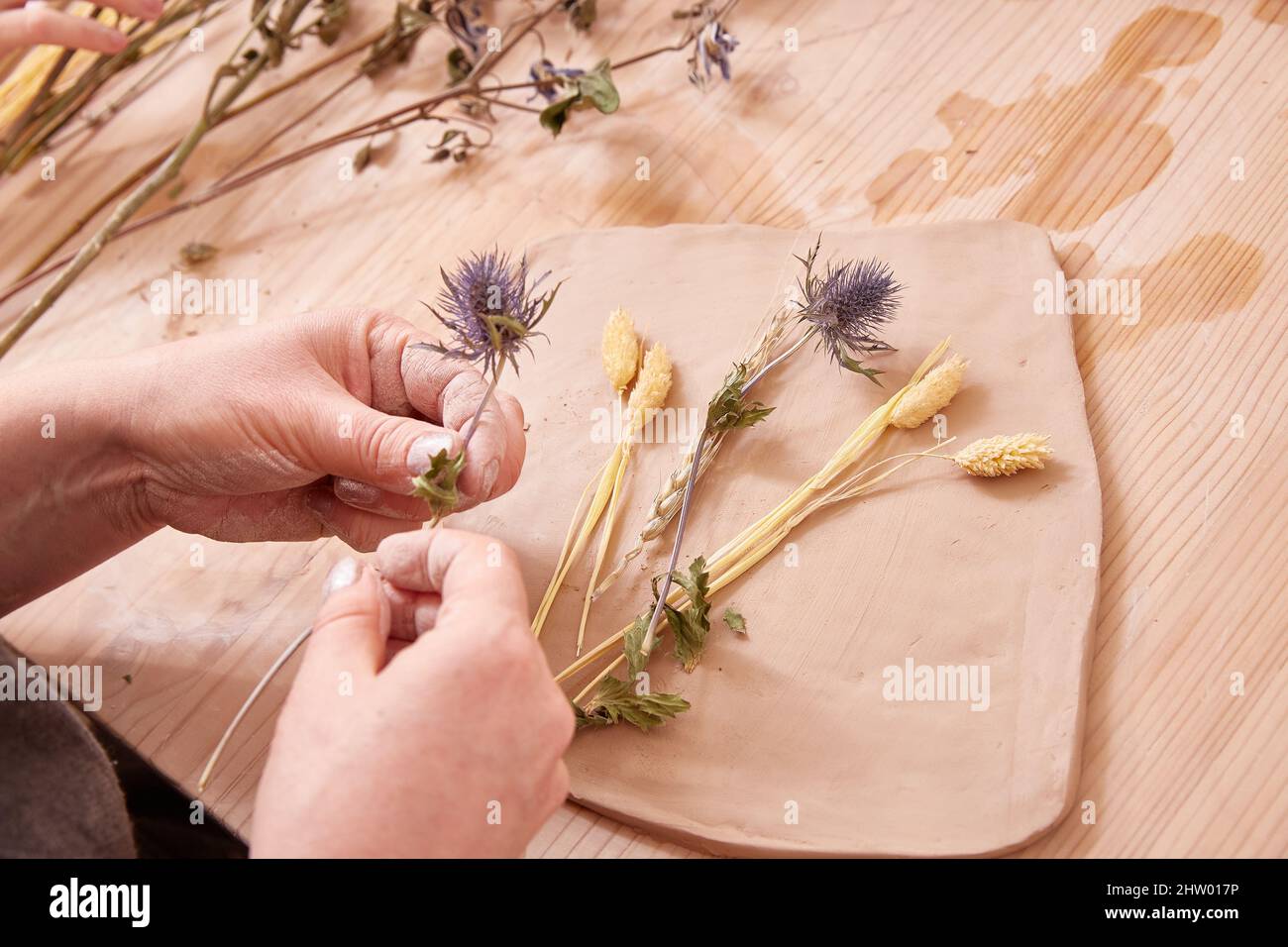 Las hermosas manos de mujeres hacen platos de cerámica con estampados de flores y flores secas Foto de stock