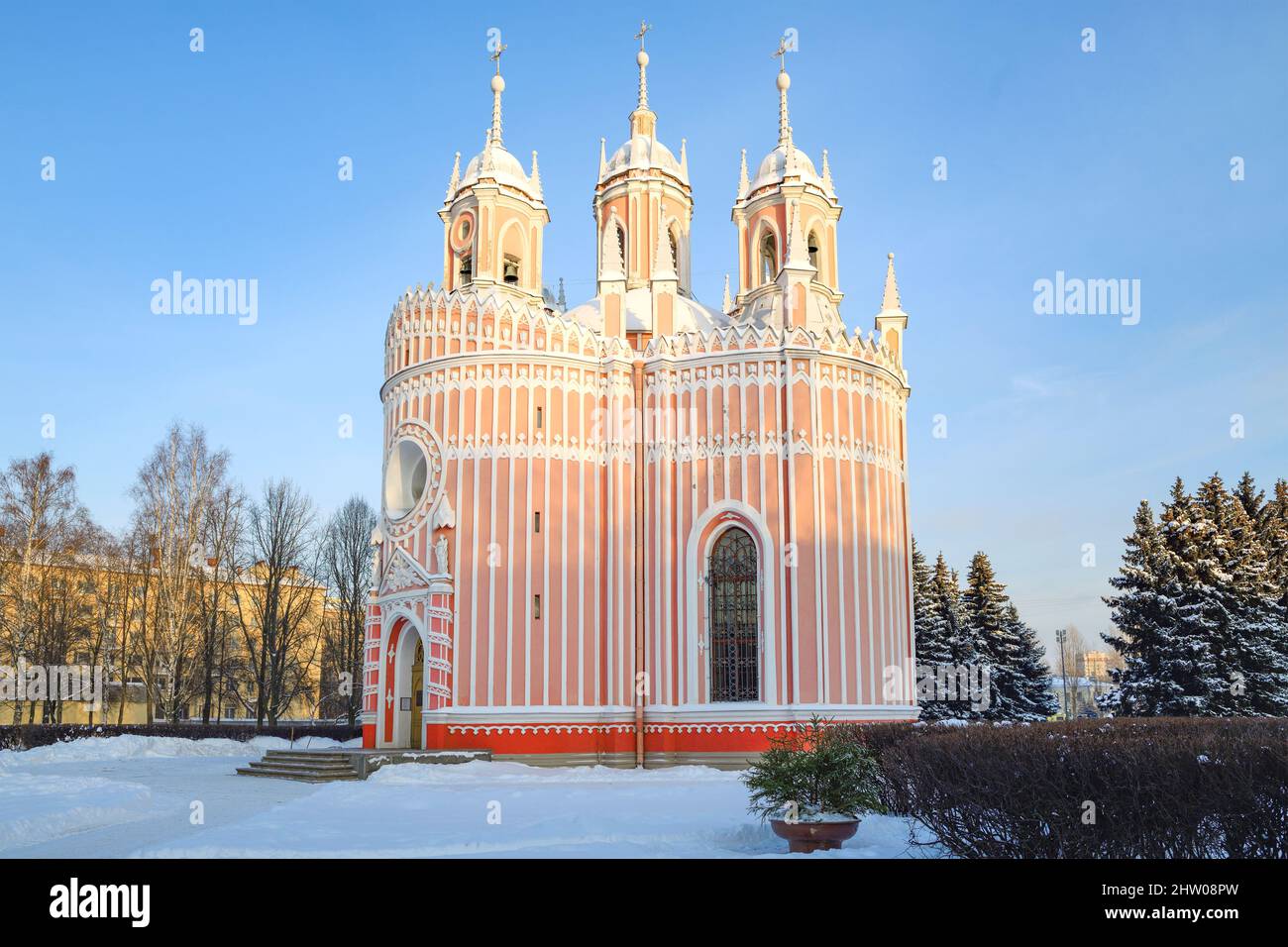 Antigua Iglesia de Chesme (Natividad de Juan el Bautista) en una tarde de diciembre. San Petersburgo, Rusia Foto de stock