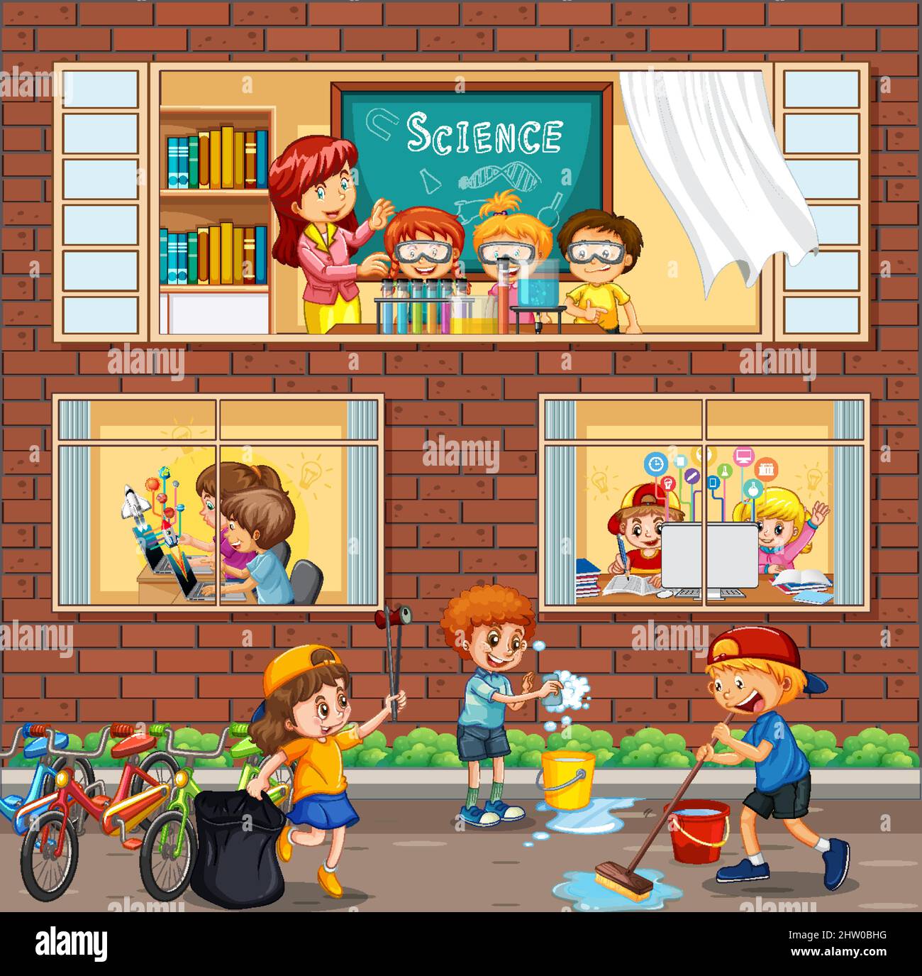 Ventanas de apartamento con vecinos dibujos animados carácter