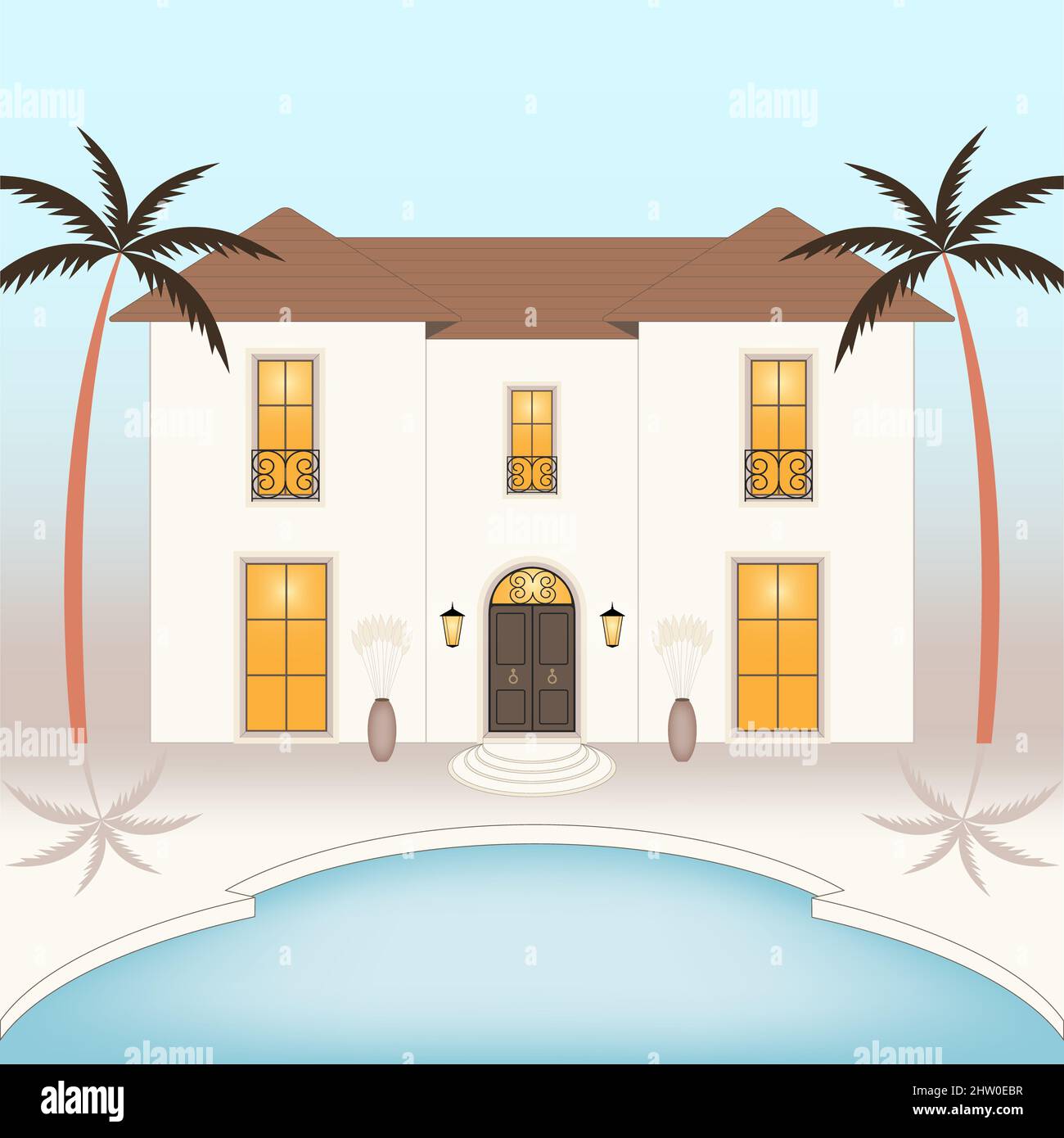 Lujosa casa de ensueño. Villa iluminada de estilo mediterráneo, colonial  español. Propiedad con piscina y palmeras, casa de playa Fotografía de  stock - Alamy
