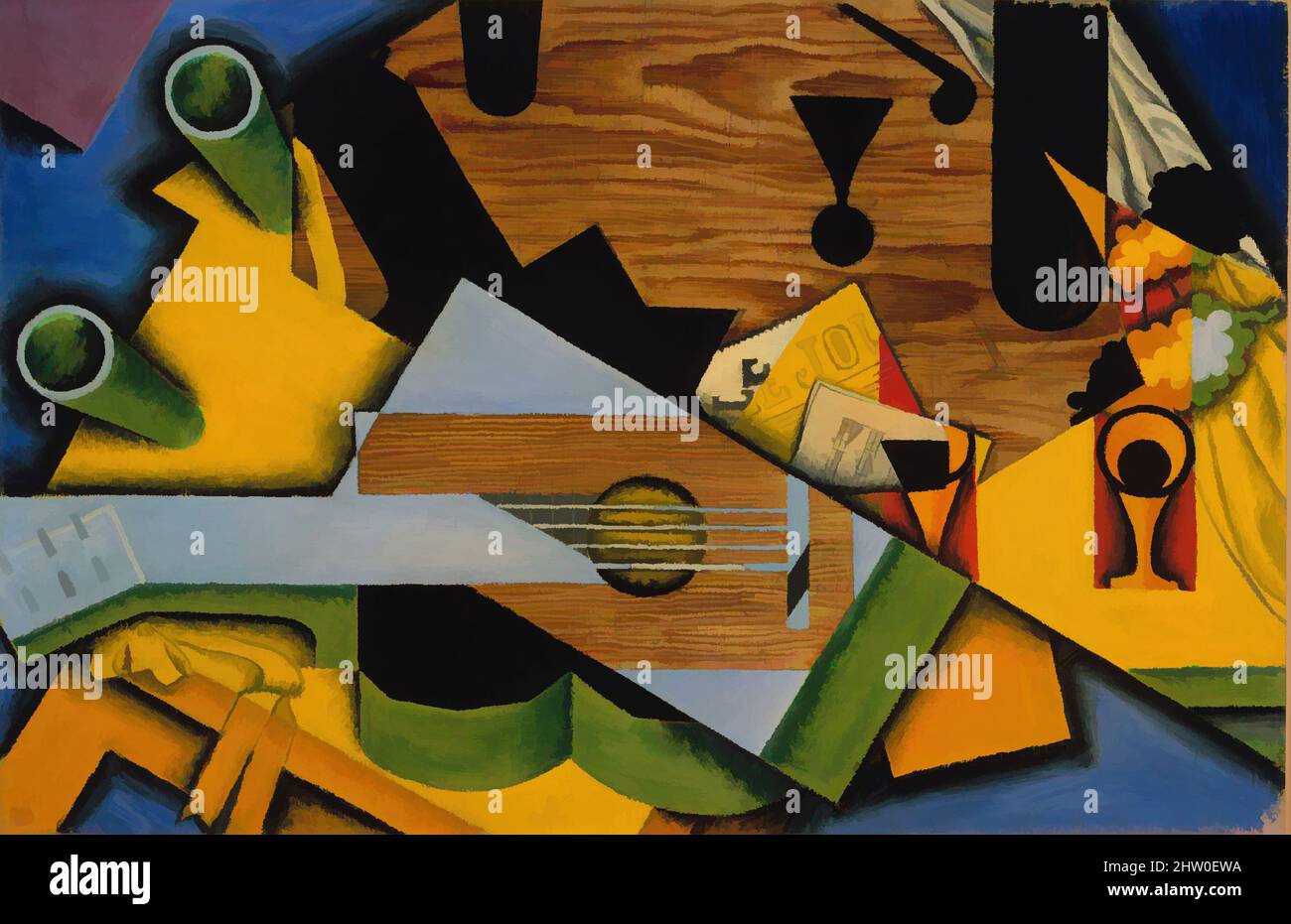 Bodegón con una guitarra de Juan Gris, 1913, pintura Cubista Español, óleo  sobre lienzo. Este trabajo está fuertemente influenciado por el segundo  estilo Picasso/Braque, el cubismo sintético como gris llamado. Formas planas