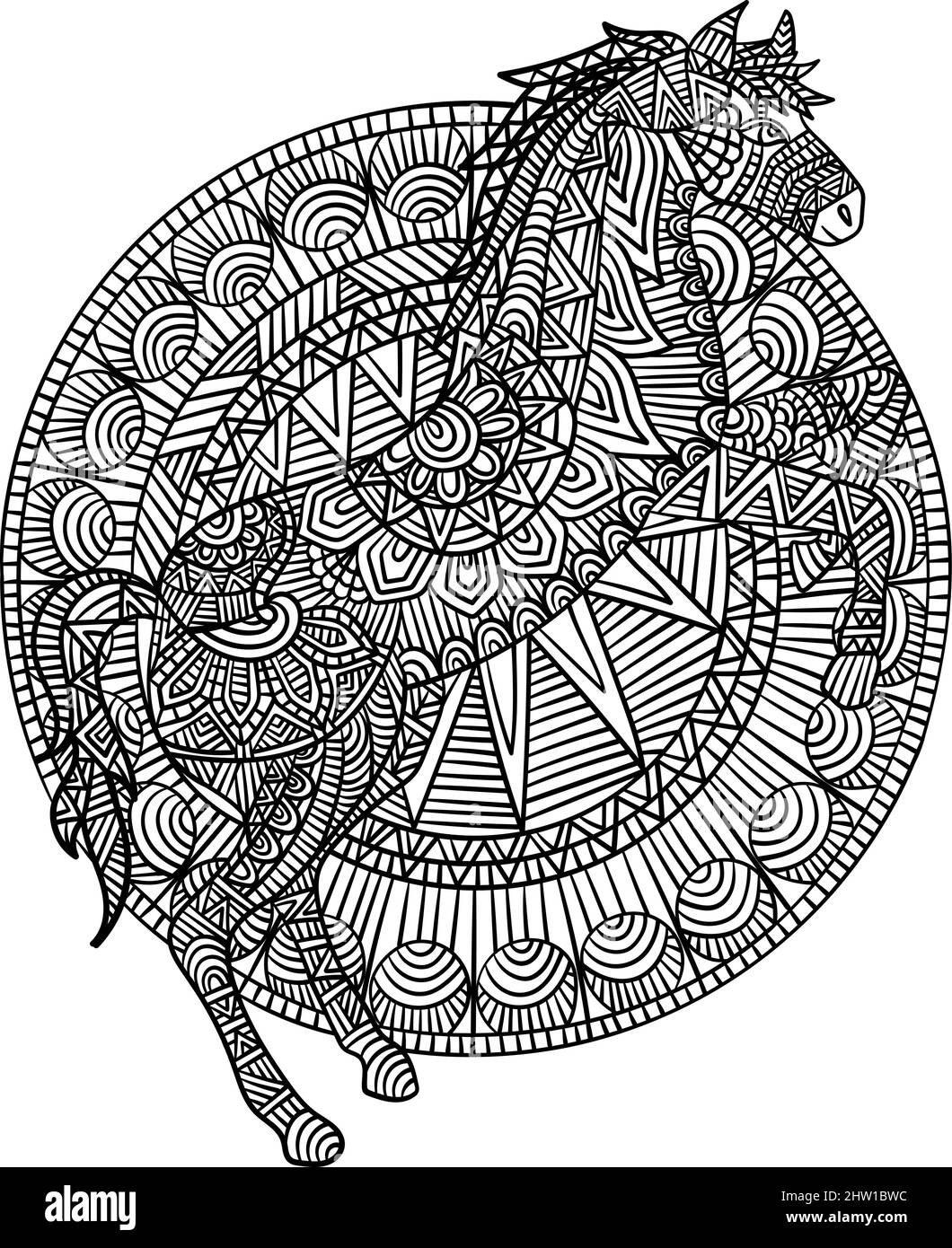 Páginas de coloreado de caballo Mandala para adultos Ilustración del Vector