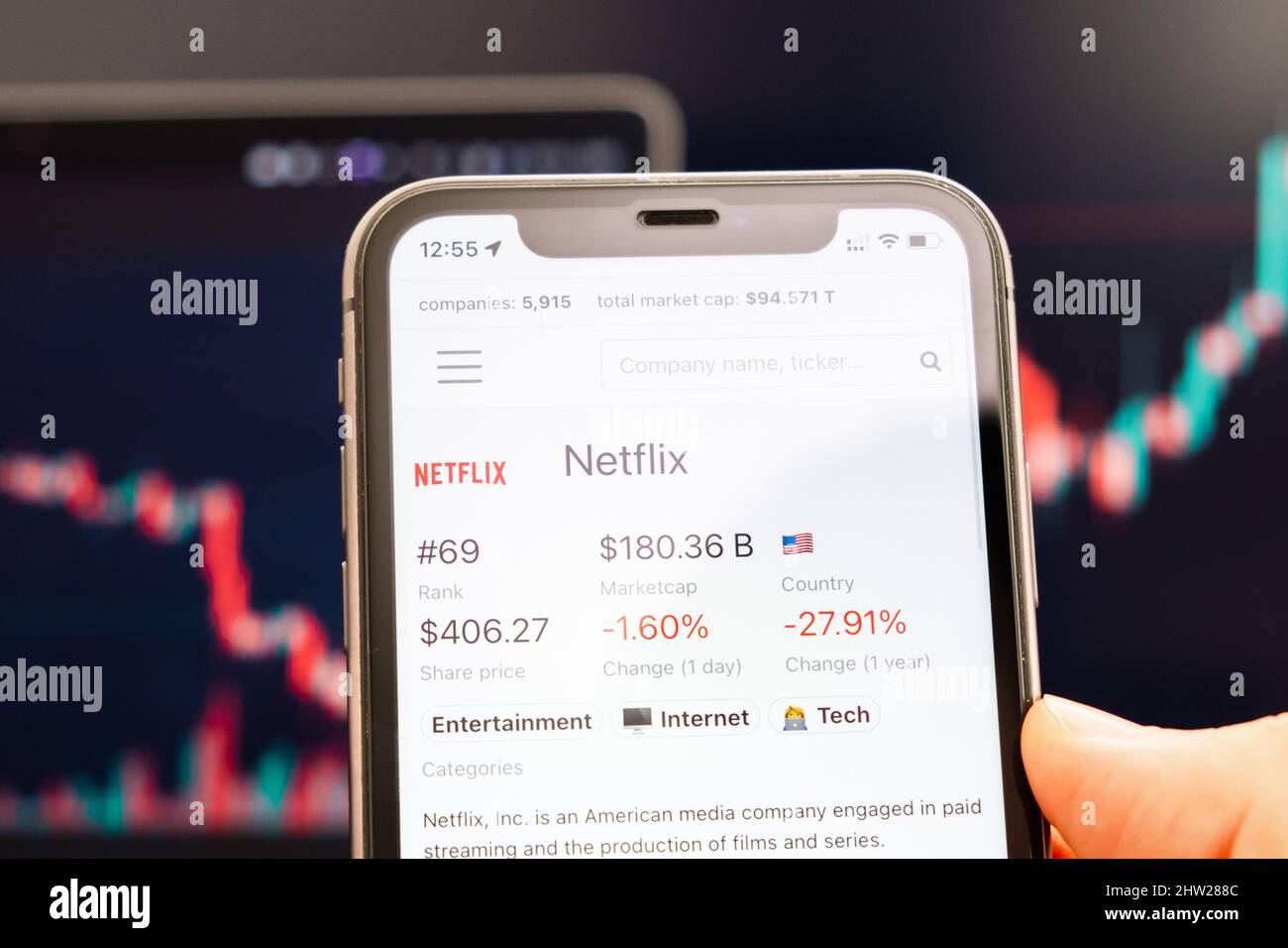 Netflix el precio de las acciones en la pantalla de teléfono celular en  manos de los hombres con cambio de bolsa de valores con la negociación de  análisis gráfico candelabro, febrero de