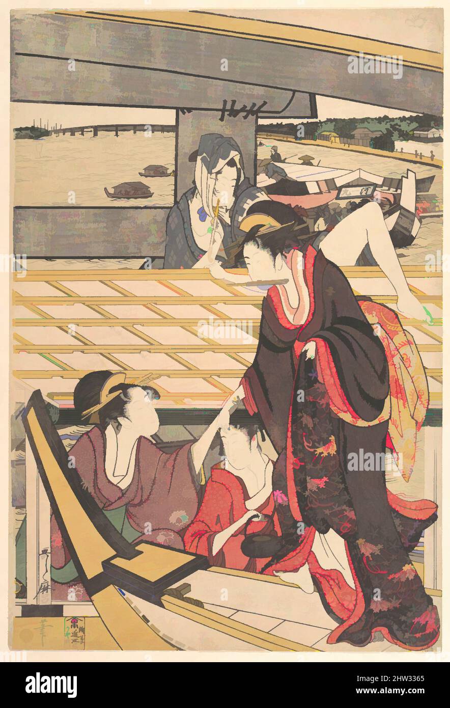 Arte inspirado en las fiestas de placer en embarcaciones en el río Sumida bajo el puente Ryogoku, período Edo (1615-1868), ca. 1796, Japón, una hoja de un hexaptych de grabados de bloques de madera policromados; tinta y color sobre papel, 15 3/32 x 10 1/5 pulg. (38,3 x 25,9 cm), grabados, Kitagawa Utamaro (japonés, obras clásicas modernizadas por Artotop con un toque de modernidad. Formas, color y valor, atractivo impacto visual en el arte Emociones a través de la libertad de las obras de arte de una manera contemporánea. Un mensaje atemporal que busca una nueva dirección totalmente creativa. Artistas que se están volviendo al medio digital y creando el Artotop NFT Foto de stock