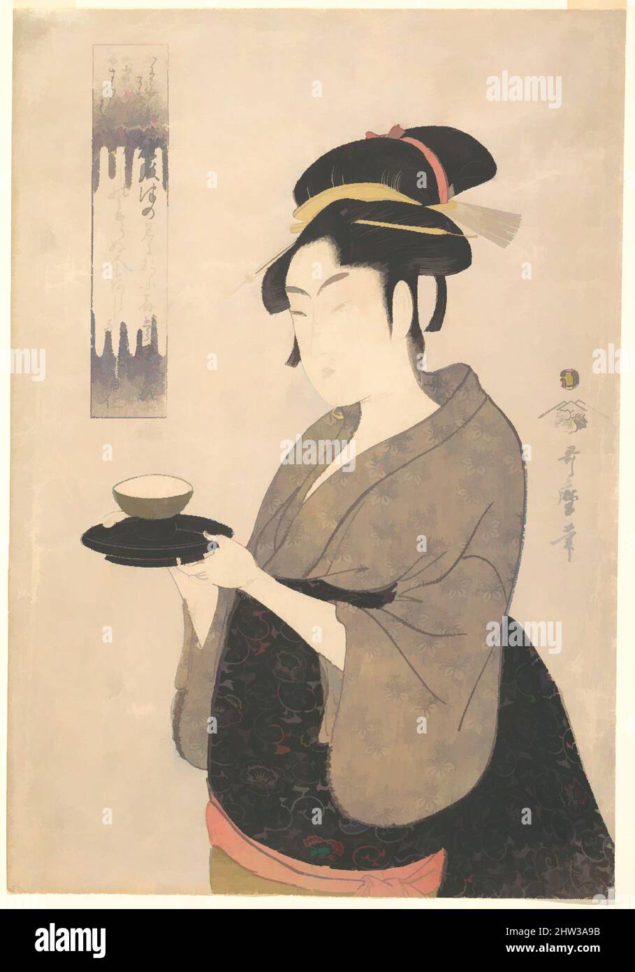 Arte inspirado en Naniwaya Okita, Teahouse Waitress, Edo Period (1615-1868), ca. 1793, Japón, impresión en bloque de madera policromada; tinta y color en papel, 14 1/8 x 9 7/8 pulg. (35,9 x 25,1 cm), Impresiones, Kitagawa Utamaro (japonés, 1753?–1806), el poema en esta impresión está firmado Katsura no Mayuzumi. Es, obras clásicas modernizadas por Artotop con un toque de modernidad. Formas, color y valor, atractivo impacto visual en el arte Emociones a través de la libertad de las obras de arte de una manera contemporánea. Un mensaje atemporal que busca una nueva dirección totalmente creativa. Artistas que se están volviendo al medio digital y creando el Artotop NFT Foto de stock