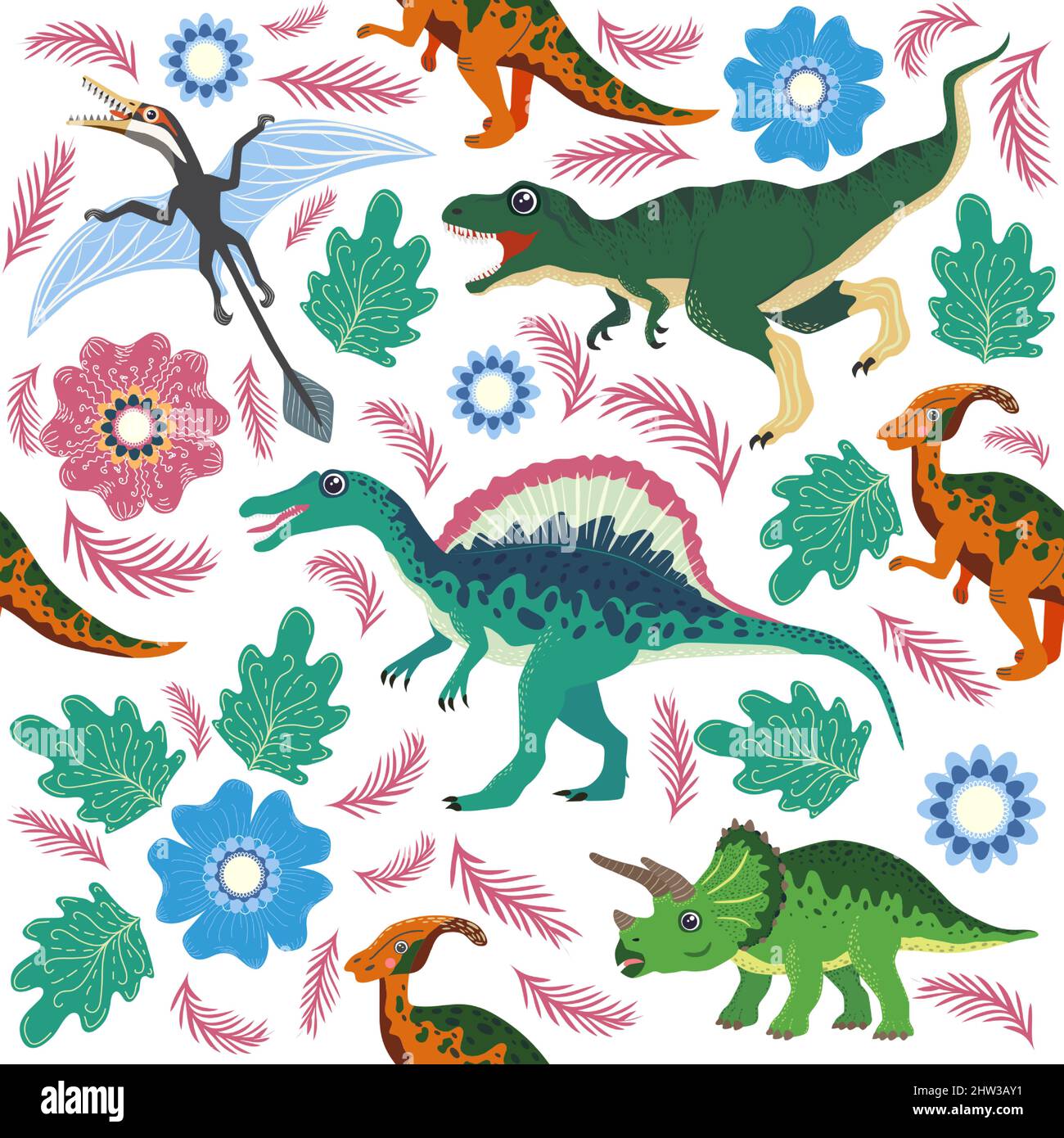 Dibujo a mano sin costuras con dinosaurios y hojas tropicales y flores.  Perfecto para los niños: Tela, papel tapiz para viveros. Bonito diseño de  dino Imagen Vector de stock - Alamy