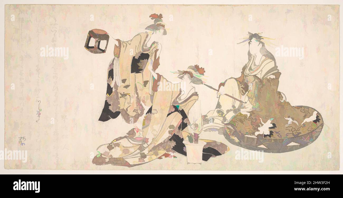 Arte inspirado por tres jóvenes damas visitando juntos, Edo Period (1615–1868), Japón, estampado de bloques de madera policromada (surimono); tinta y color sobre papel, 5 1/2 x 11 1/8 pulg. (14 x 28,3 cm), Impresiones, Teisai Hokuba (Japonés, 1771–1844, Obras clásicas modernizadas por Artotop con un toque de modernidad. Formas, color y valor, atractivo impacto visual en el arte Emociones a través de la libertad de las obras de arte de una manera contemporánea. Un mensaje atemporal que busca una nueva dirección totalmente creativa. Artistas que se están volviendo al medio digital y creando el Artotop NFT Foto de stock
