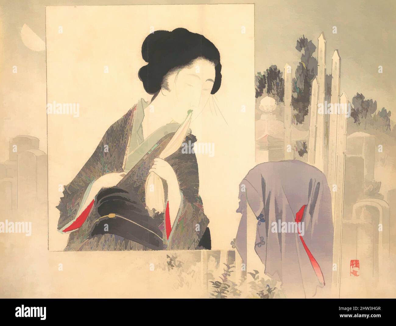 Arte inspirado por Widow y Widower de kuchie (frontispiece) de una novela, Meiji período (1868-1912), ca. 1906, Japón, impresión en bloque de madera policromada; tinta y color en papel, 8 1/2 x 11 1/4 pulg. (21,6 x 28,6 cm), Impresiones, Takeuchi Keishū (Japonés, 1861–1943, Obras clásicas modernizadas por Artotop con un toque de modernidad. Formas, color y valor, atractivo impacto visual en el arte Emociones a través de la libertad de las obras de arte de una manera contemporánea. Un mensaje atemporal que busca una nueva dirección totalmente creativa. Artistas que se están volviendo al medio digital y creando el Artotop NFT Foto de stock