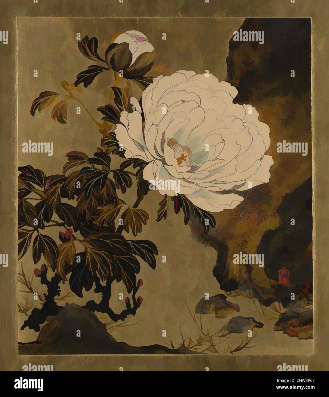 Arte Inspirado por Lacquer Pinturas de varios temas: Peonías, período Meiji  (1868–1912), 1882, Japón, Lacquer y oro sobre papel, 7 1/2 x 6 1/2 pulg.  (19,1 x 16,5 cm), Pinturas, Shibata Zeshin (