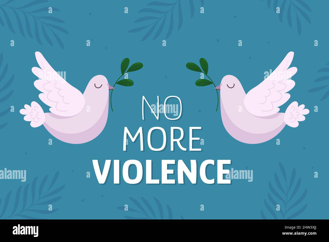No más ilustración del concepto de violencia con dos palomas sobre fondo azul. Señal de fin de guerra, paz al mundo. Ilustración del Vector
