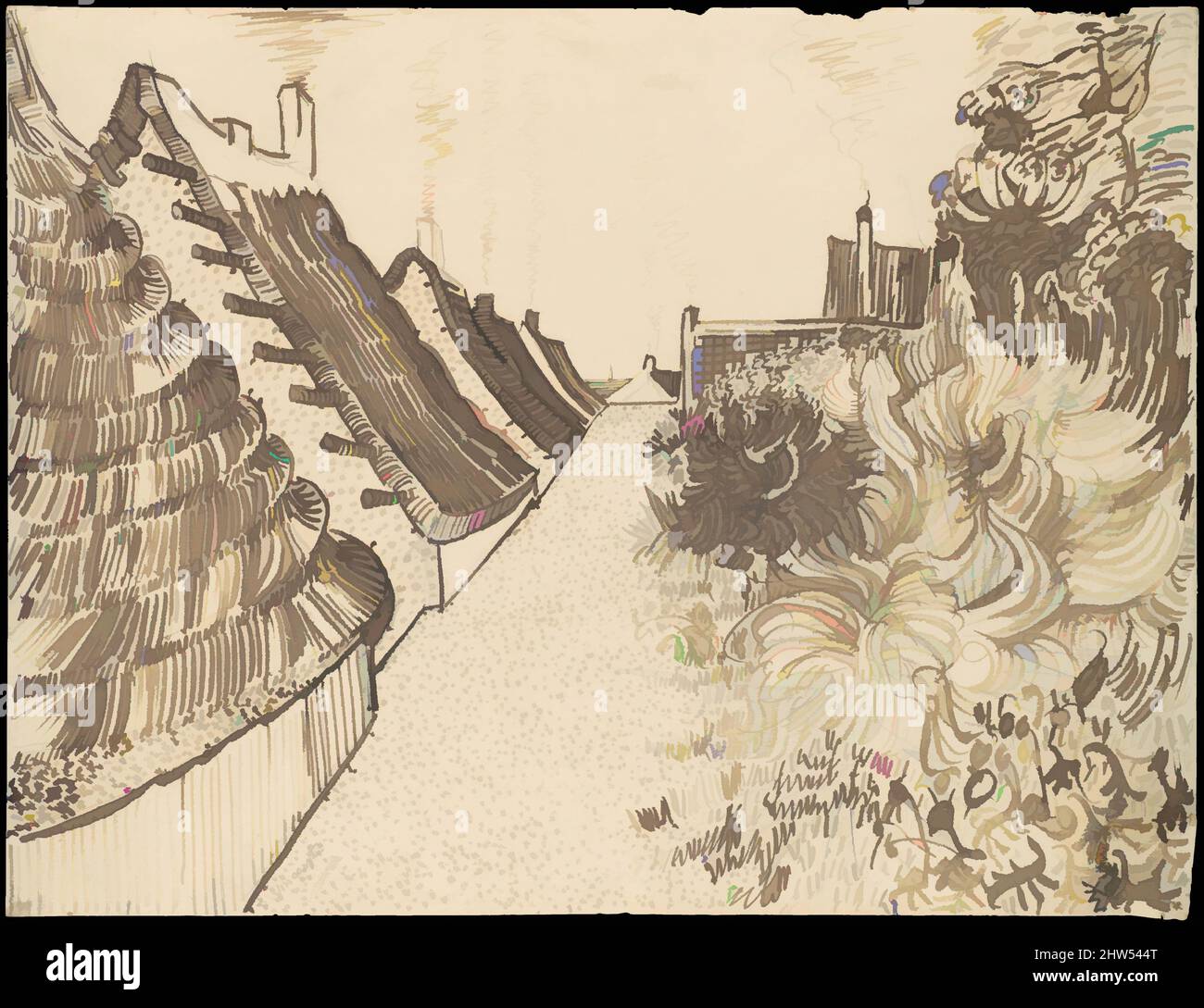 Arte inspirado en la calle Saintes-Maries-de-la-Mer, Ca. 15 de julio de 1888, pluma de láminas, pluma de lija y tinta sobre tiza sobre papel de paloma (con el reverso de papel de paloma), hoja: 9 9/16 x 12 1/2 pulg. (24,3 x 31,7 cm), Dibujos, Vincent van Gogh (holandés, Zundert 1853–1890 Auvers-sur-Oise), En el verano de 1888, obras clásicas modernizadas por Artotop con un toque de modernidad. Formas, color y valor, atractivo impacto visual en el arte Emociones a través de la libertad de las obras de arte de una manera contemporánea. Un mensaje atemporal que busca una nueva dirección totalmente creativa. Artistas que se están volviendo al medio digital y creando el Artotop NFT Foto de stock