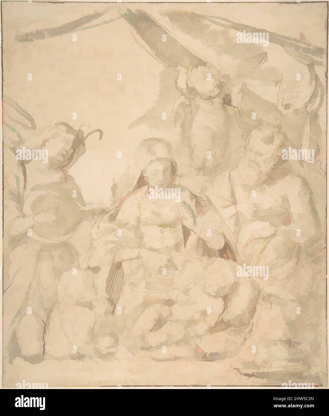 Arte inspirado en la Sagrada Familia con Ángeles, siglo 16th, tinta marrón  y pluma, cepillo y lavado marrón claro, 8-7/16 x 7-1/8 pulg. (21,4 x 18,1  cm), Dibujos, Anónimo, Italiano, siglo 16th,