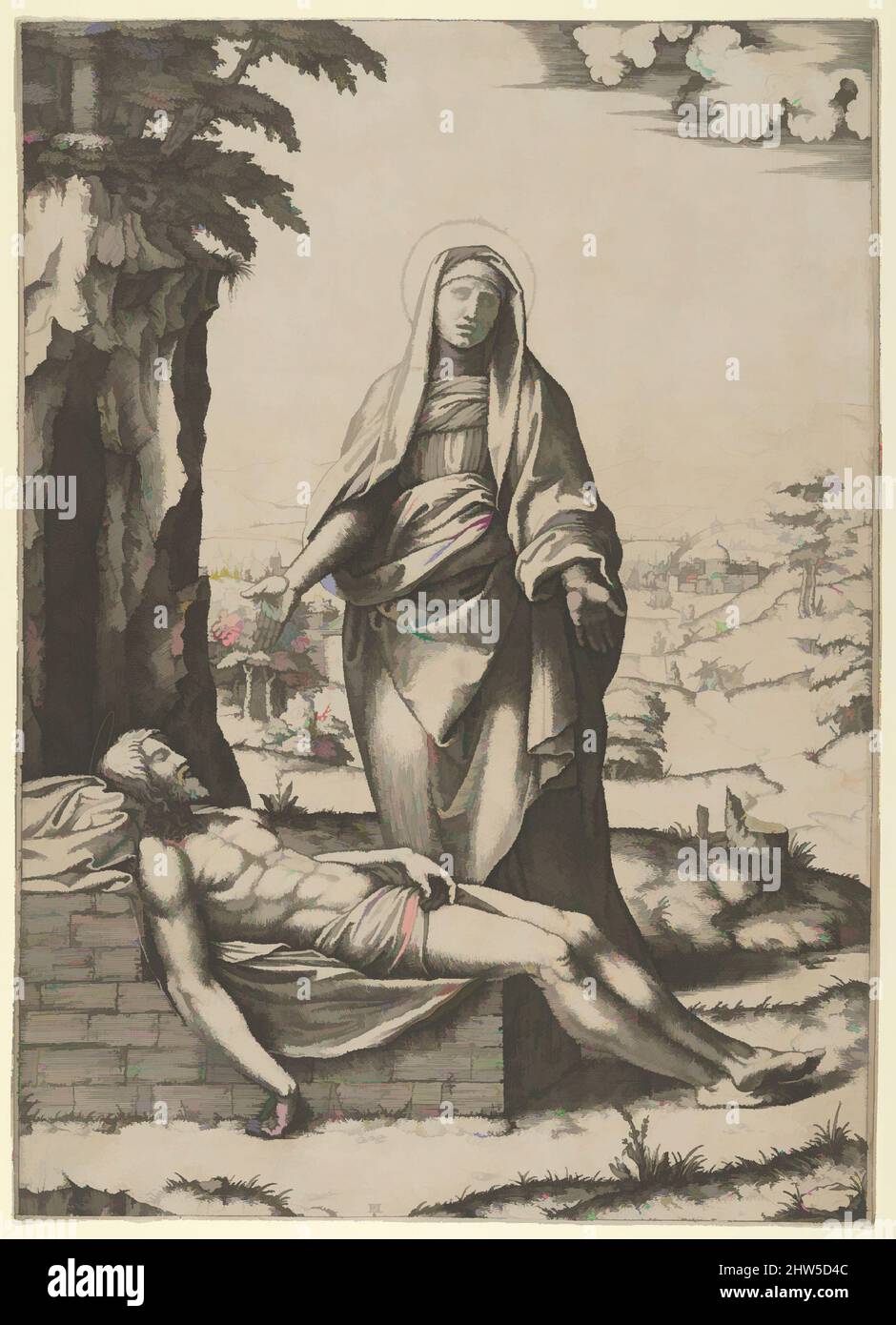 Arte inspirado por la Pietà: La Virgen de pie sobre el Cristo muerto, sus manos se extendieron, ca. 1515–17, Grabado, 12 3/16 x 8 3/4 pulg. (31,0 x 22,2 cm), Impresiones, Marcantonio Raimondi (italiano, Argini (?) aprox. 1480–Antes de 1534 Bolonia (?)), después de Rafael (Raffaello Sanzio o Santi) (, obras clásicas modernizadas por Artotop con un toque de modernidad. Formas, color y valor, atractivo impacto visual en el arte Emociones a través de la libertad de las obras de arte de una manera contemporánea. Un mensaje atemporal que busca una nueva dirección totalmente creativa. Artistas que se están volviendo al medio digital y creando el Artotop NFT Foto de stock