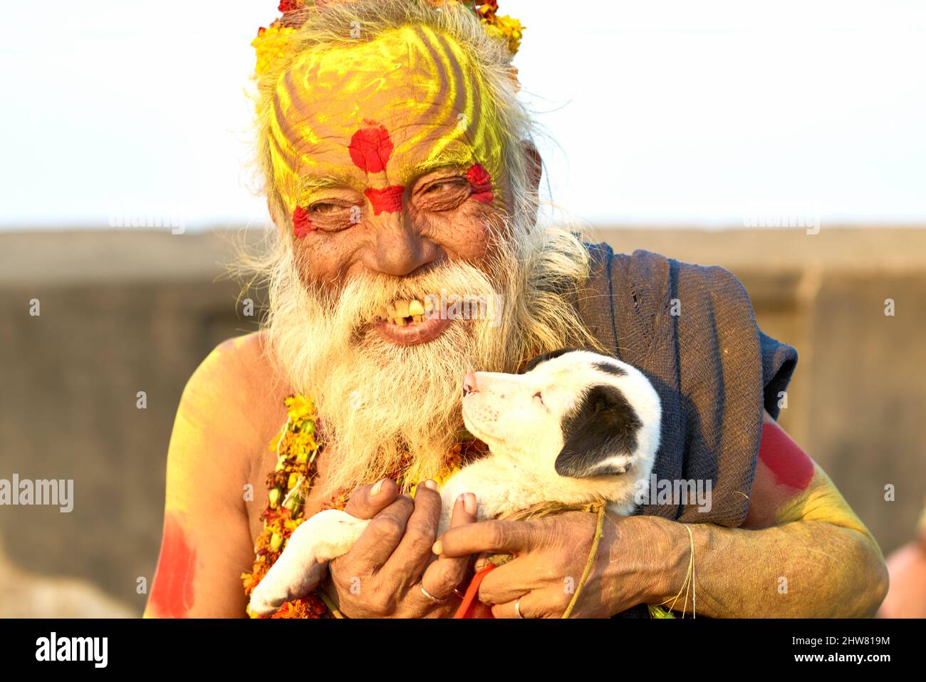 India Madyha Pradesh Orchha. Retrato de un hombre santo (sadhu) con su  perro cachorro Fotografía de stock - Alamy
