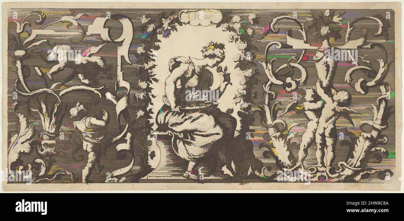 Arte inspirado en el olfato (Olor), de Quinque Sensuum, ca. 1655, Grabado, Hoja: 3 3/4 x 7 7/8 pulg. (9,6 x 20 cm), Franz Cleyn (alemán, Rostock 1582–1658 Londres), Panel horizontal con la personificación de Olor (olfato) mostrado como una figura femenina que huele una flor en su mano izquierda con una obra clásica modernizada por Artótop con un toque de modernidad. Formas, color y valor, atractivo impacto visual en el arte Emociones a través de la libertad de las obras de arte de una manera contemporánea. Un mensaje atemporal que busca una nueva dirección totalmente creativa. Artistas que se están volviendo al medio digital y creando el Artotop NFT Foto de stock