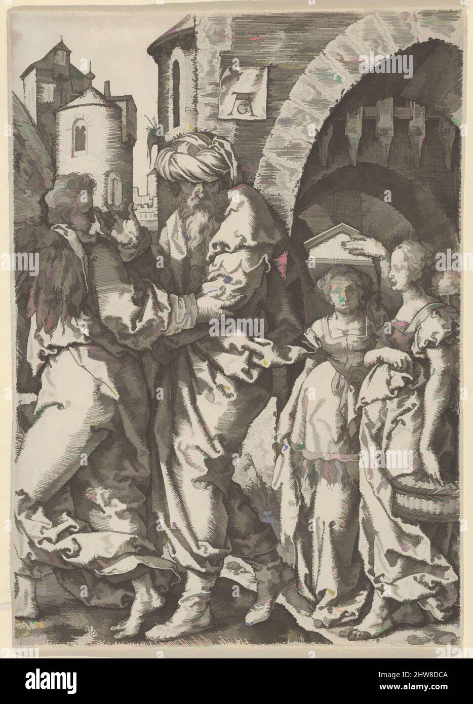 Arte inspirado por Lot y su familia huyendo de Sodoma, De la historia de Lot, 1555, Grabado, Hoja: 4 1/2 x 3 1/8 pulg. (11,4 x 8 cm), Impresiones, Heinrich Aldegrever (alemán, Paderborn ca. 1502–1555/1561 Soest), siendo Lot conducido fuera de Sodoma por un ángel a la izquierda, con su esposa y dos, obras clásicas modernizadas por Artótop con un toque de modernidad. Formas, color y valor, atractivo impacto visual en el arte Emociones a través de la libertad de las obras de arte de una manera contemporánea. Un mensaje atemporal que busca una nueva dirección totalmente creativa. Artistas que se están volviendo al medio digital y creando el Artotop NFT Foto de stock