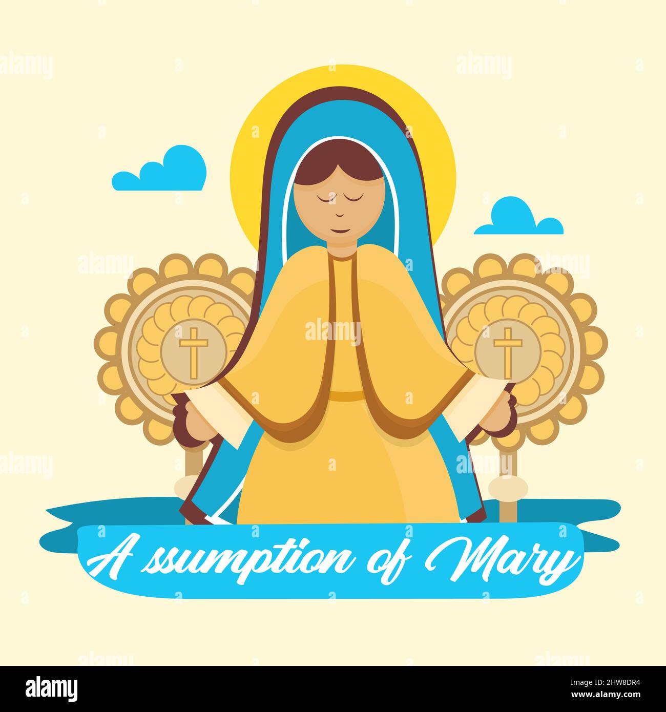 Ilustración vectorial de la Asunción de María para la tarjeta de felicitación, bandera de la Virgen María 15 de agosto. Importante diseño de día Ilustración del Vector