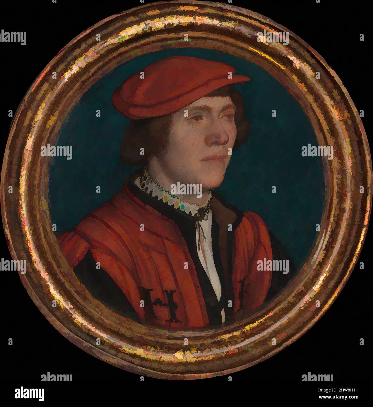 Arte inspirado en el retrato de un hombre en una gorra roja, 1532–35, aceite y oro en pergamino, colocado sobre tilo, en general, con marco enganchado, diámetro 5 pulg. (12,7 cm); diámetro de la superficie pintada de 3 3/4 pulg. (9,5 cm), Pinturas, Hans Holbein the Younger (Alemán, Augsburgo 1497/98–1543 Londres, Obras clásicas modernizadas por Artótop con un toque de modernidad. Formas, color y valor, atractivo impacto visual en el arte Emociones a través de la libertad de las obras de arte de una manera contemporánea. Un mensaje atemporal que busca una nueva dirección totalmente creativa. Artistas que se están volviendo al medio digital y creando el Artotop NFT Foto de stock