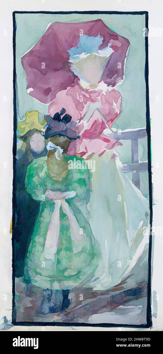 Arte inspirado en el gran Boston Public Garden Sketchbook: Dos chicas  jóvenes y una mujer con una sombrilla, 1895–97, recto: Acuarela sobre  lápiz, con borde en lápiz y acuarela; Verso: Pluma y