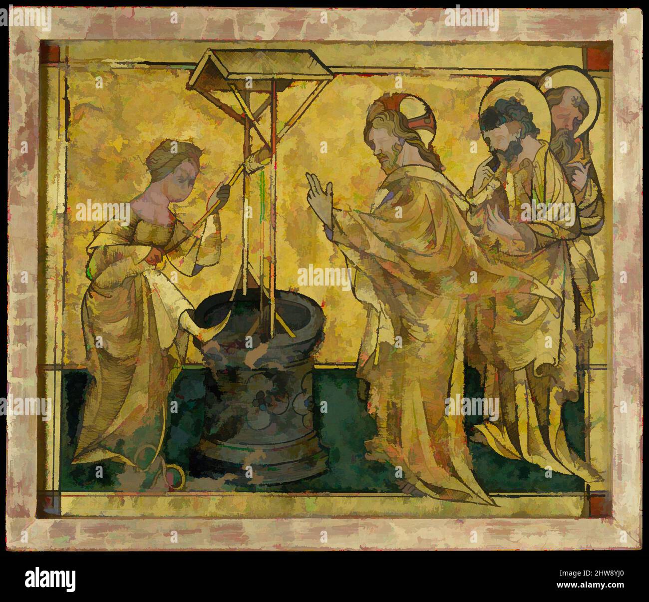 Arte inspirado por Jesús y la mujer samaritana en el pozo, ca. 1420,  Southwest German (?), Hoja de oro, pintura, y grabado en vidrio, total (sin  marco): 7 1/16 x 8 1/2