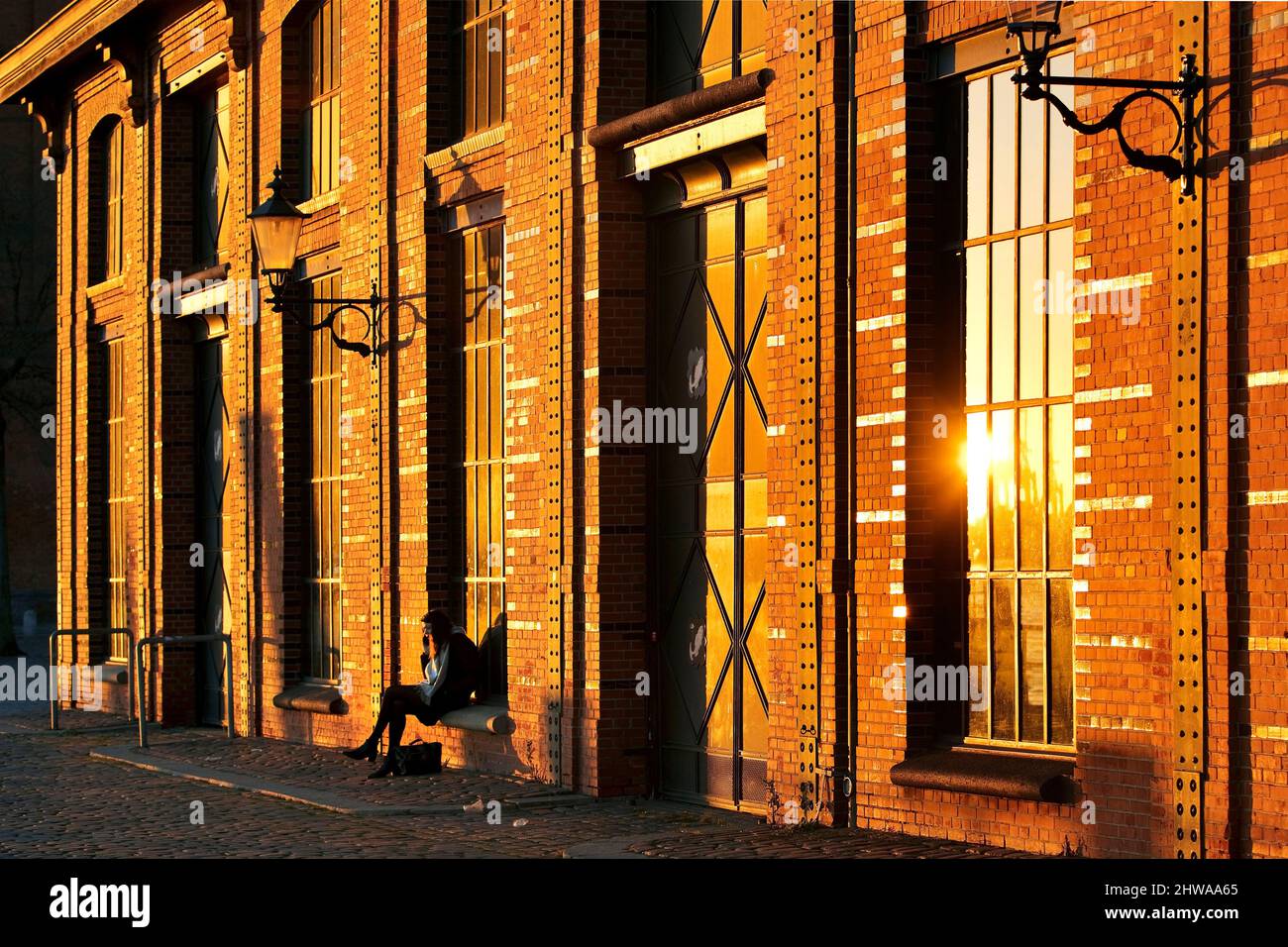 Revestimiento del lado de la costa de la casa de subastas de pescado Hamburg-Altona al atardecer, Alemania, Hamburgo Foto de stock