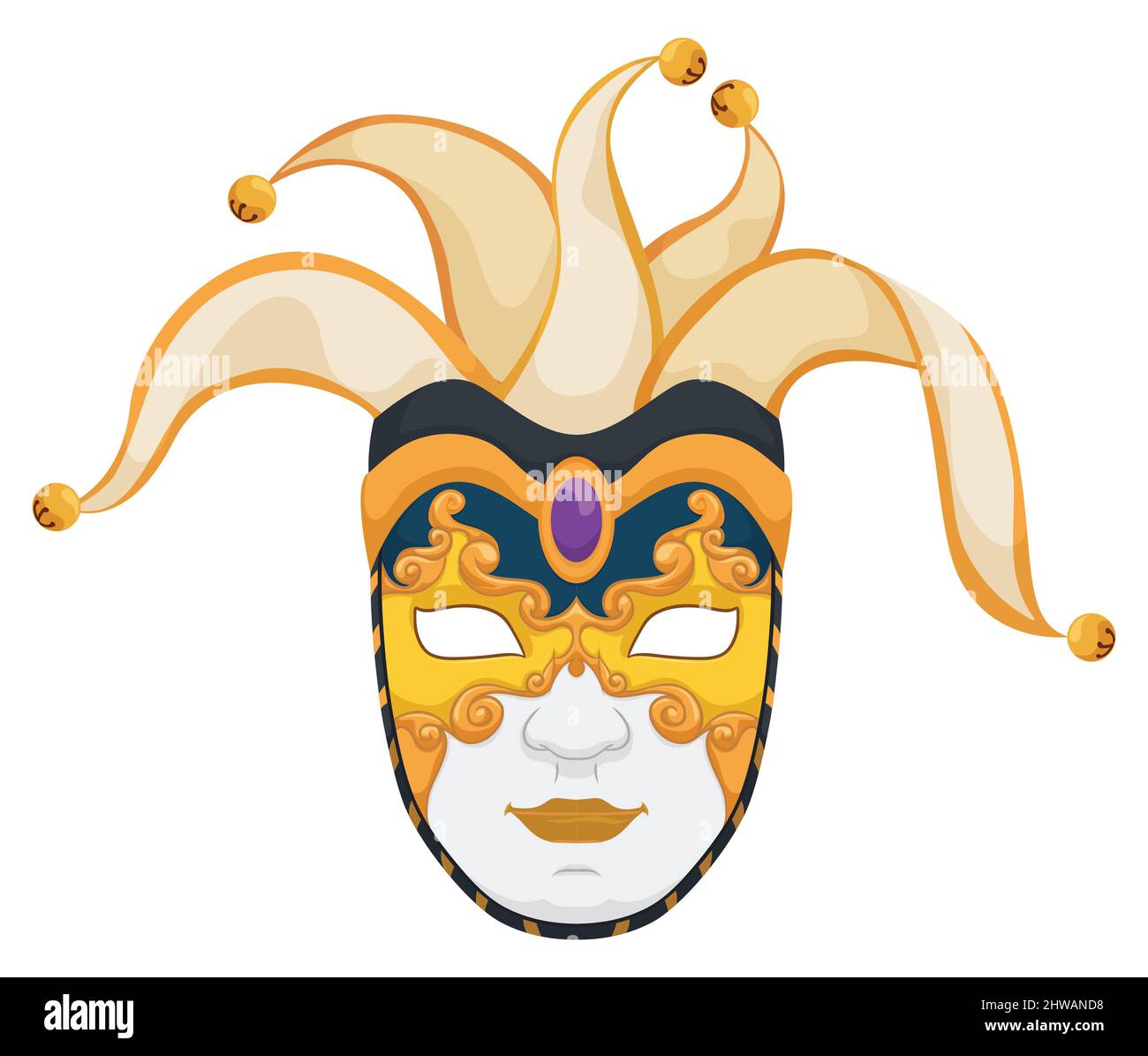 Hermosa máscara de Volto dorada y negra en estilo bufón con campanas de jingle, listo para el Carnaval de Venecia. Diseño en estilo de dibujos animados, aislado sobre blanco ba Ilustración del Vector
