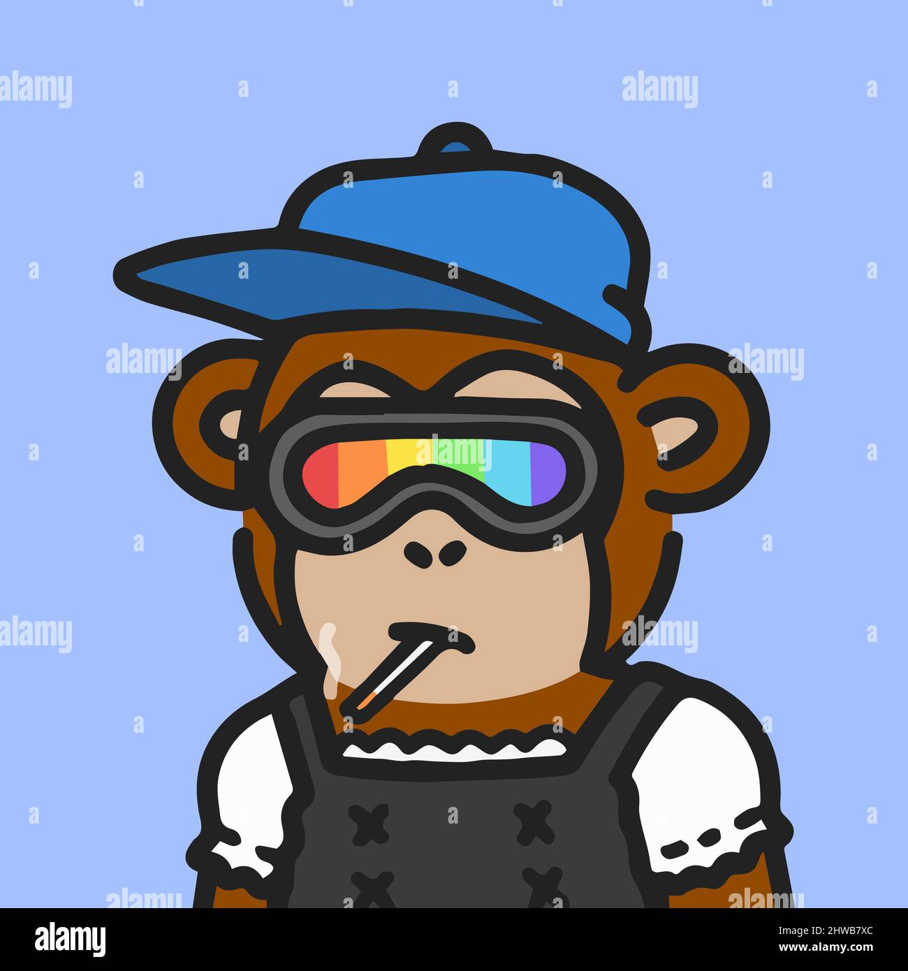 Variante de arte NFT de carácter de génesis de monke frío. Dibujo de mono  con gafas de arco iris vr e ilustración de sombrero azul. Dibujo de vector  de mono colorido Imagen