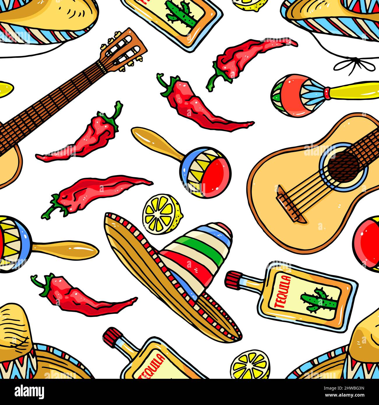 Bonito fondo sin costuras de objetos mexicanos tradicionales - maracas,  sombreros, guitarras. Ilustración dibujada a mano Imagen Vector de stock -  Alamy