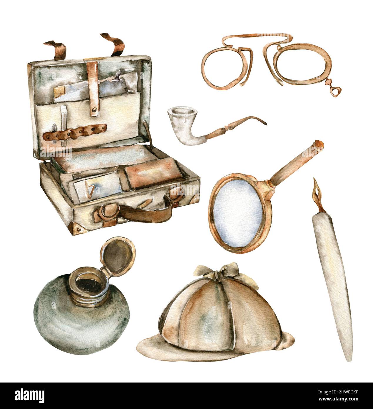 Teléfono antiguo inglés vintage, chimenea, puerta, violín, pub, tintas, bolsa de viaje, libro Foto de stock