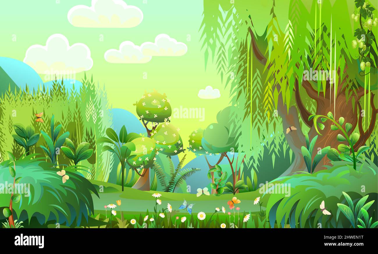 Bosque de hadas. Flores silvestres y mariposas. Árboles de sauce maduros. Cielo matutino. Densos matorrales con flores y mariposas. Hermoso paisaje veraniego Ilustración del Vector