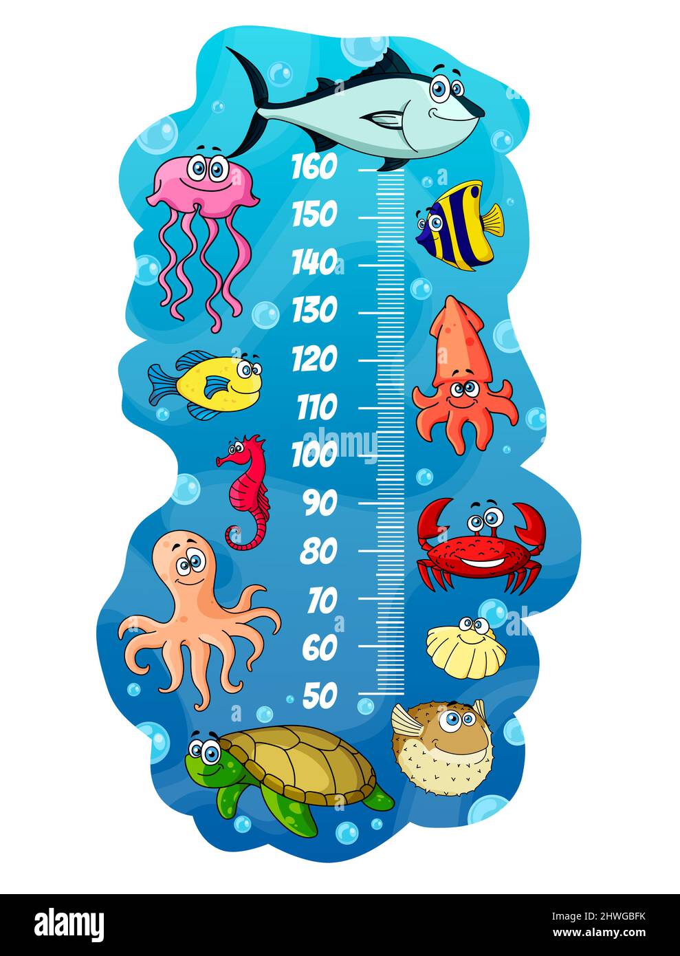 Niños gráfico de altura con dibujos animados animales de mar, el  crecimiento de vectores medir el metro de agua fondo. Tabla de altura para  niños o escala de medida para bebés con