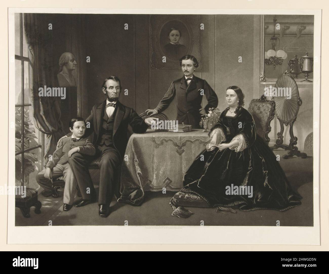 Lincoln y su familia. Artista: John Sartain, norteamericano, nacido en Gran Bretaña, 1808–1897After: Samuel B. Waugh, norteamericano, 1814–1885 Foto de stock