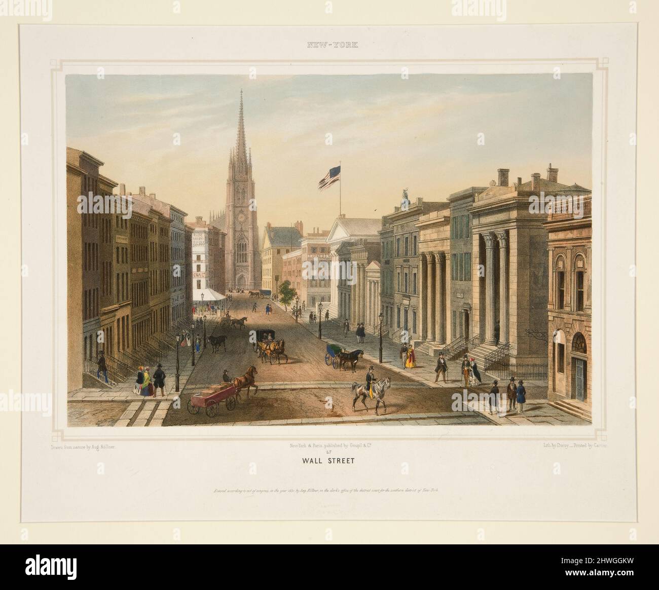 Nueva York, Wall Street, Plate 47 desde un conjunto de 54 vistas. Litógrafo: Isidore Laurent Deroy, francés, 1797–1886After: August Köllner, norteamericano, 1813–1906Printer: Cattier, París activo, mediados de 19th centuryEditor: Goupil & Cie, francés, 1827–1879 Foto de stock